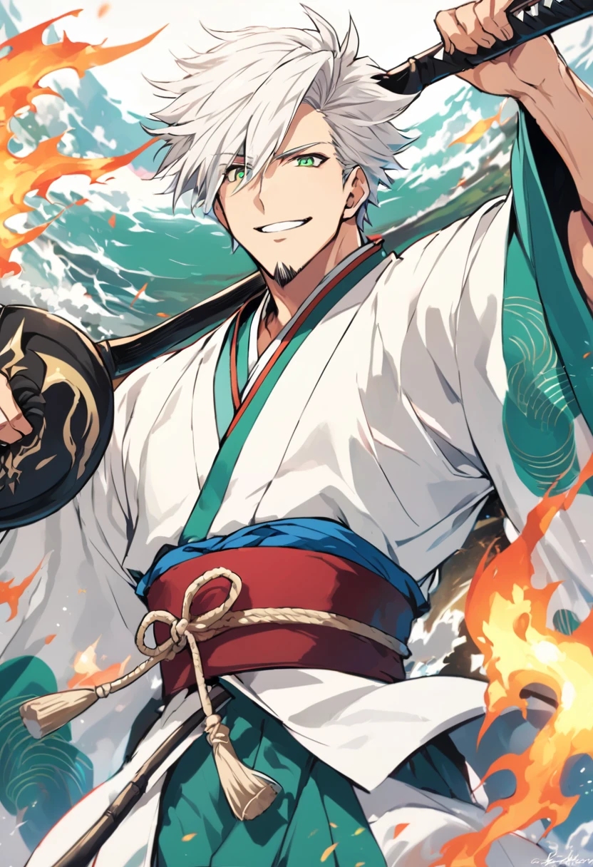 ung boy, male focus, details Intricate, 1 men, bonitas, White hair, vibrant green eyes, slim muscles, アニメ, 19yearsold, 19 years, a small goatee, kimono de Shinigami, Shinigami, bleach style, bleach, regatta, kimono, bleach, bleach style, sickle ( uma sickle de tamanho mediano poderosa e afiada), sickle (fazendo cortes com a sickle saindo flames negaras) flames, negrasn flames negras.