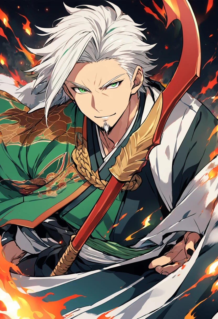 1 young boy, male focus, details Intricate, 1 men, bonitas, White hair, vibrant green eyes, slim muscles, アニメ, 19yearsold, 19 years, a small goatee, kimono de Shinigami, Shinigami, bleach style, bleach, regatta, kimono, bleach, bleach style, sickle ( uma sickle de tamanho mediano poderosa e afiada), sickle (fazendo cortes com a sickle saindo flames negaras) flames, negrasn flames negras.