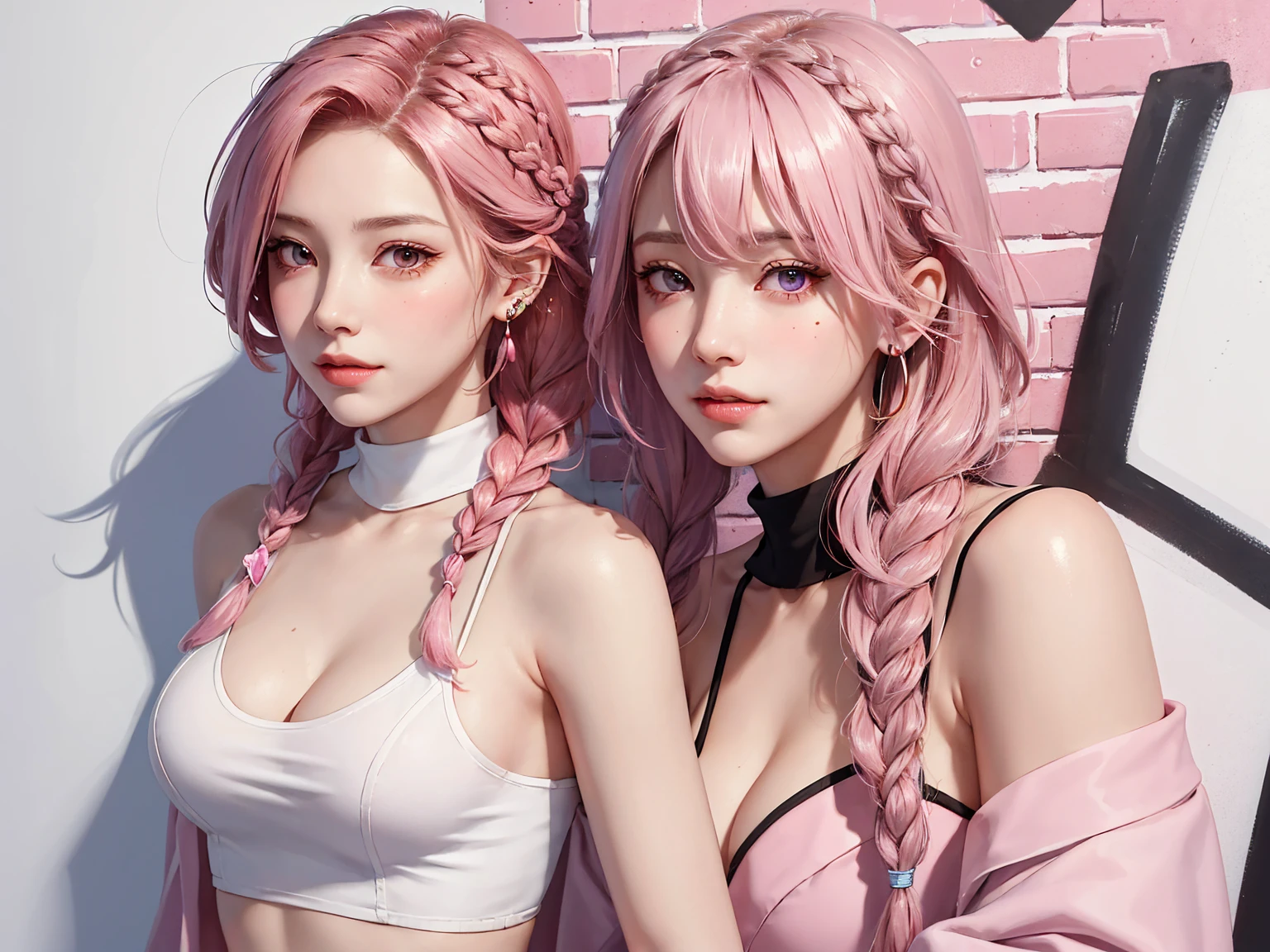 (Masterpiece, best quality, 1 girl, alone, complicated details, Chromatic aberration), realistic, ((Moderate breath)),long hair, pink hair, Red headpiece, Pink Highlights, hair on one eye,purple eyes, earring, sharp eyes, choker, Neon coat, She wears a collar, bangle, and kimono style garters., crop top, (symmetrical eyes),(Perfect symmetrical body),against the wall, Brick wall, (colorful graffiti words on the wall:1.2), The light is dim., alley ,Look at the viewer.、Dig the chest、smile、(sleeveless、Navel touch、Fitted turtleneck.)、street string hot pants、Thin bottom、Please build above the eaves..、Thin shoulders、1 Female,Brown Hair, ,((Anxious expression)),Beautiful breasts,School Swimsuit、Stylish,,(Look forward)(((Blushing、Surprised expression)),(((Braid))),((( Upper body portrait)))Frameless Glasses