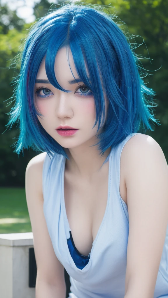 Naked blue-haired Japanese  gal