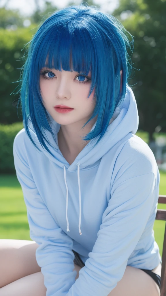 ((Highest quality, Best image quality, Ultra-high resolution)), (Photorealistic), (Realistic), (Ultra-high resolution), Tabletop, Highest quality, Raw photo, Beautiful and fair、Glowing Skin,  nice, bright, Refreshing and gentle look, ((blue hair:1.4)), short hair, blue eyes, sitting on the park bench, sheer hoody, Perfect beautiful face、Beautiful shiny bangs, A very beautiful 25 year old woman, eyeliner, Very perfect eyes