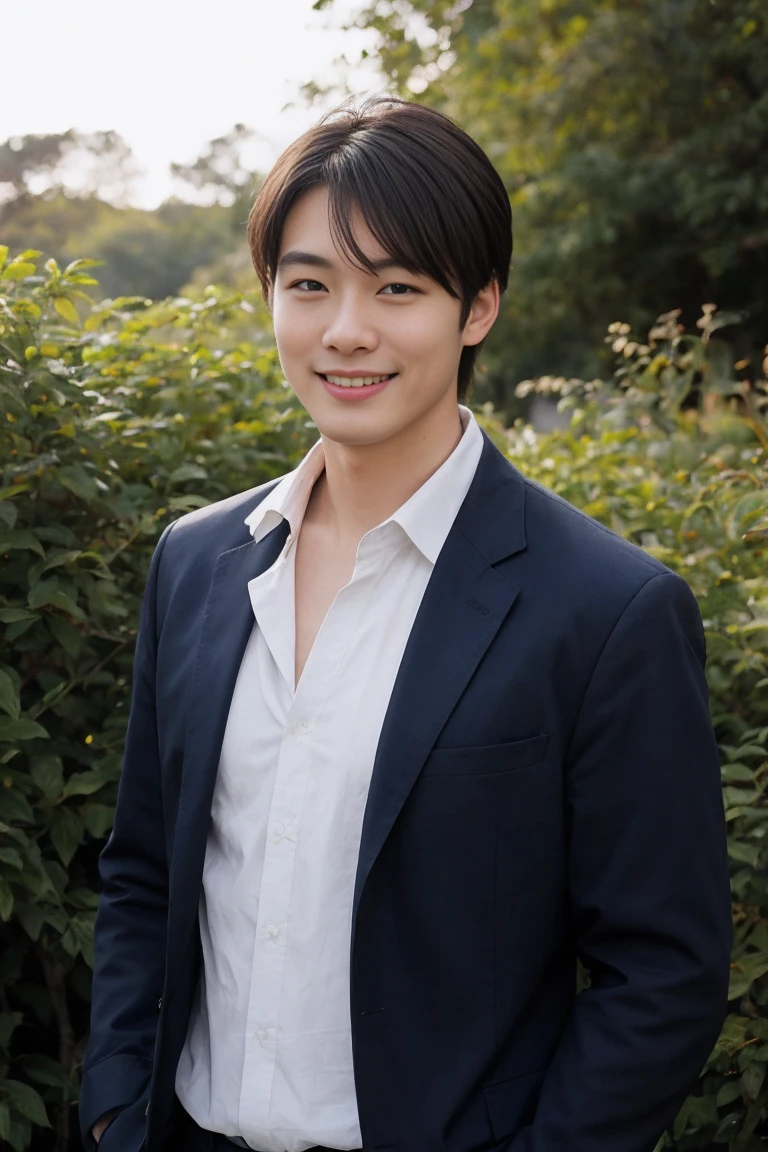 8K, Realistic photos of Japanese men ,40 years old、5cm、Setup Fashion、Brown Hair、Sunny、Natural light、Long sleeve、Refreshing、smile、Navy jacket、White Shirt、Slender、garden、Blue sky、Background Portrait