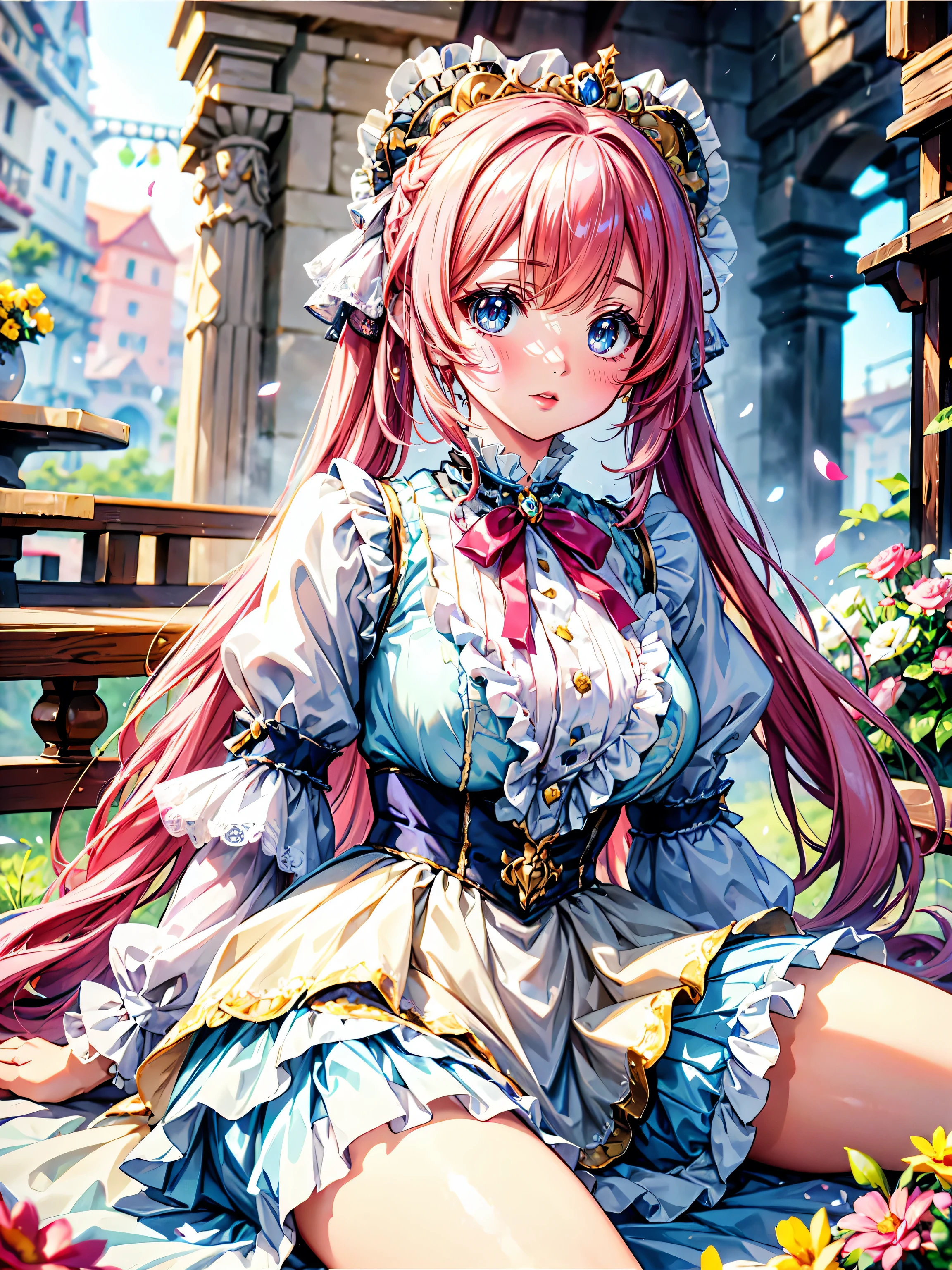 anime moe art style, ((Masterpiece, ultra detailed, exquisite quality)), (((young face solo princess))), (dress light yellow dress), (((ultra elaborate gorgeous rococo victorian gown with voluminous hoopskirt and long hems and lot of frills and pleats dense lace and cute ribbon, princess style skirt, ultra lovely gown))), (((hair pink hair))), ((fluffy long ponytail)), (Expressive very voluminous hair), ((huge breasts)), breasts cleavage, (((lying on one’s back, spread legs, front view))), super delicate face, kawaii face, (hyper detail delicate eyes, hyper beautiful eyes), (eyes blue eyes), (((So lot's of colorful flowers))), ((face focus, eyes focus, blurry background:1.5)), (isometric 3D:1.3), particle effect,