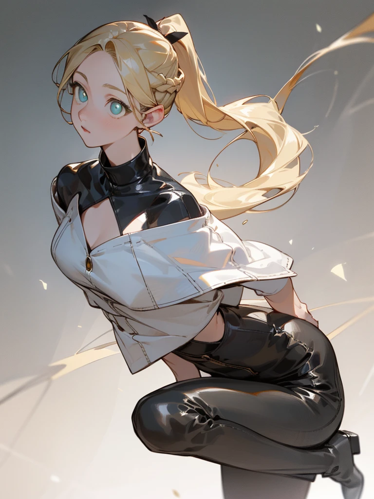 pantyhose,tight leather pants,boots, fashion clothing,long golden hair,single ponytail,high ponytail, bust and waist,beautiful blonde,(masterpiece),((best quality)),(super detailed),(beautiful eyes beautiful details eyes,Clean and delicate face)