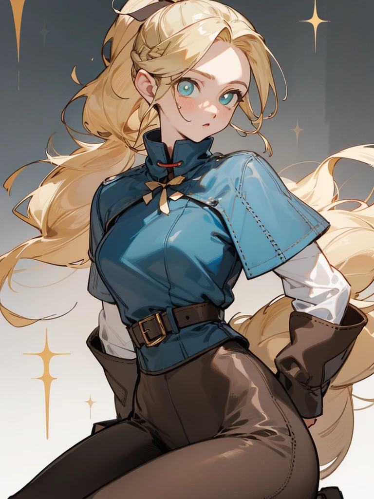 pantyhose,tight leather pants,boots, fashion clothing,long golden hair,single ponytail,high ponytail, bust and waist,beautiful blonde,(masterpiece),((best quality)),(super detailed),(beautiful eyes beautiful details eyes,Clean and delicate face)