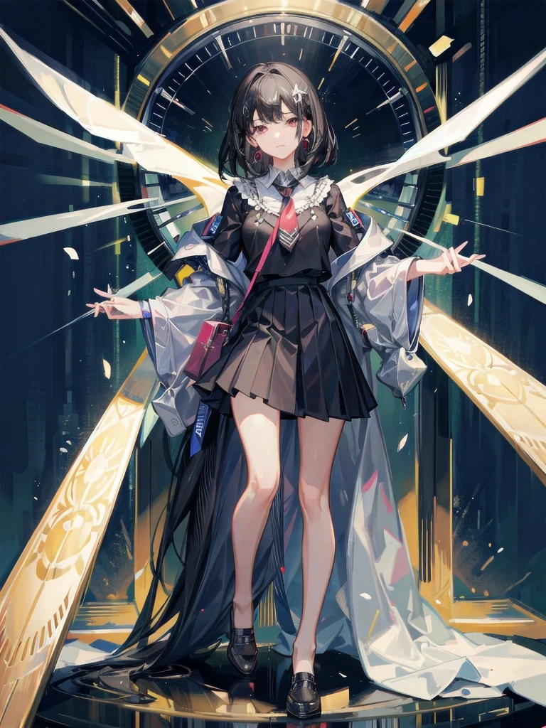 absurdres, RAW photo, extremely delicate and beautiful, masterpiece, Best Quality, ultra high resolution, 32k, hyperrealistic, ultra-detailed, perfect figure, Perfect Style, Perfect balance, in her 20s, very small head, very small face, delicate facial features, tearful mole, earring, very huge breasts, legs, hands, foot, full body shot, medium hair, black hair, school_uniform, skirt, tie,