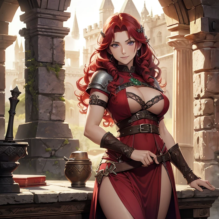 (absurdres, high fantasy artwork, best high quality image, carefuly detailed, very detailed features and textures, view solo character)
{{(1character: 60 years old scarlet-red haired barbarian woman milf, (long curly red hair, purple eyes, confident demeanor, brave smile) (green celtic dress, pink scottish scuared), ( Stone irish castle tower with ancient greek forniture and celtic forniture)}}