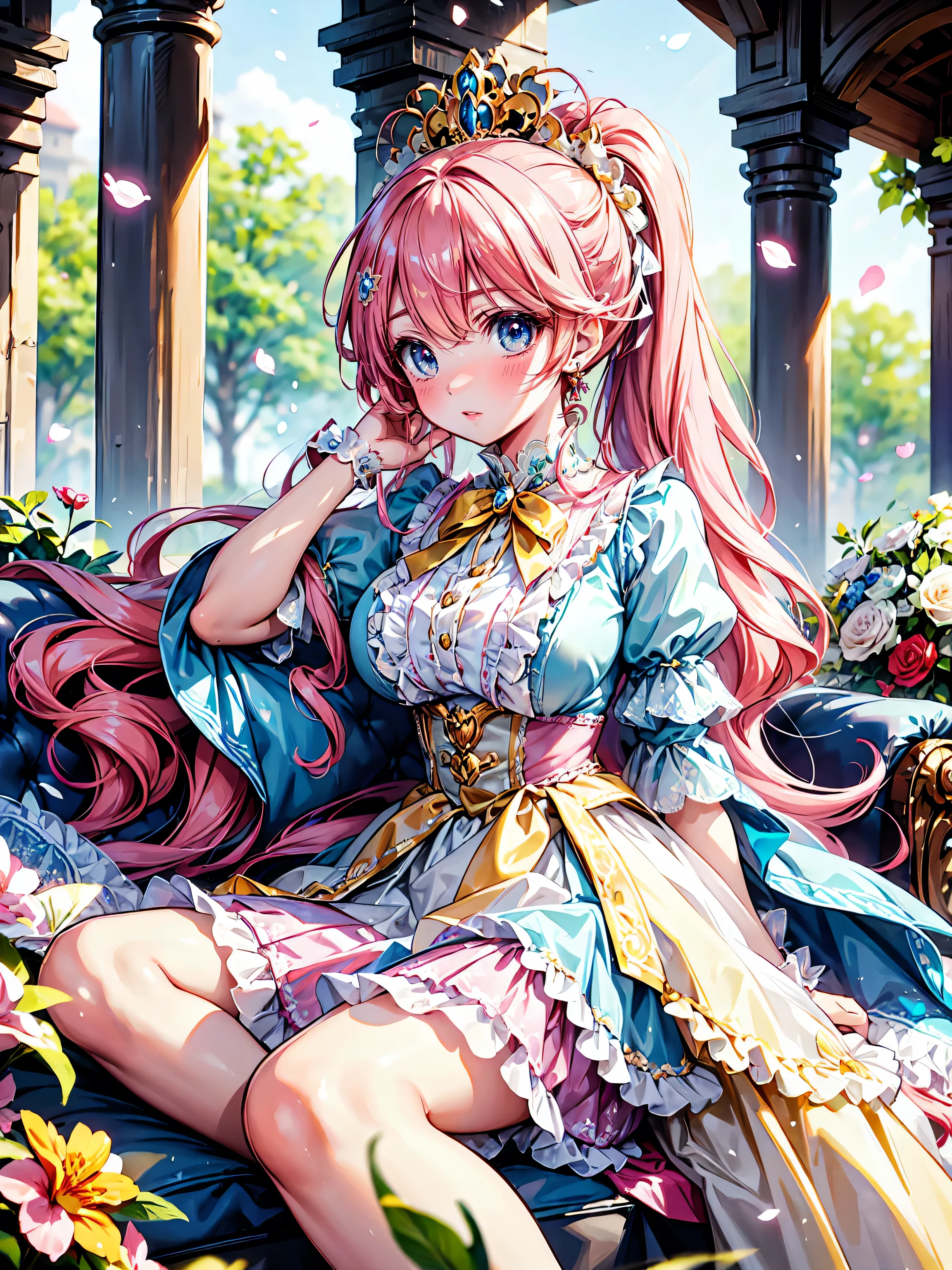 anime moe art style, ((Masterpiece, ultra detailed, exquisite quality)), (((young face solo princess))), (dress light yellow dress), (((ultra elaborate gorgeous rococo victorian gown with voluminous hoopskirt and long hems and lot of frills and pleats dense lace and cute ribbon, princess style skirt, ultra lovely gown))), (((hair pink hair))), ((fluffy long ponytail)), (Expressive very voluminous hair), ((huge breasts)), breasts cleavage, (((lying on one’s back, spread legs, front view))), super delicate face, kawaii face, (hyper detail delicate eyes, hyper beautiful eyes), (eyes blue eyes), (((So lot's of colorful flowers))), ((face focus, eyes focus, blurry background:1.5)), (isometric 3D:1.3), particle effect,