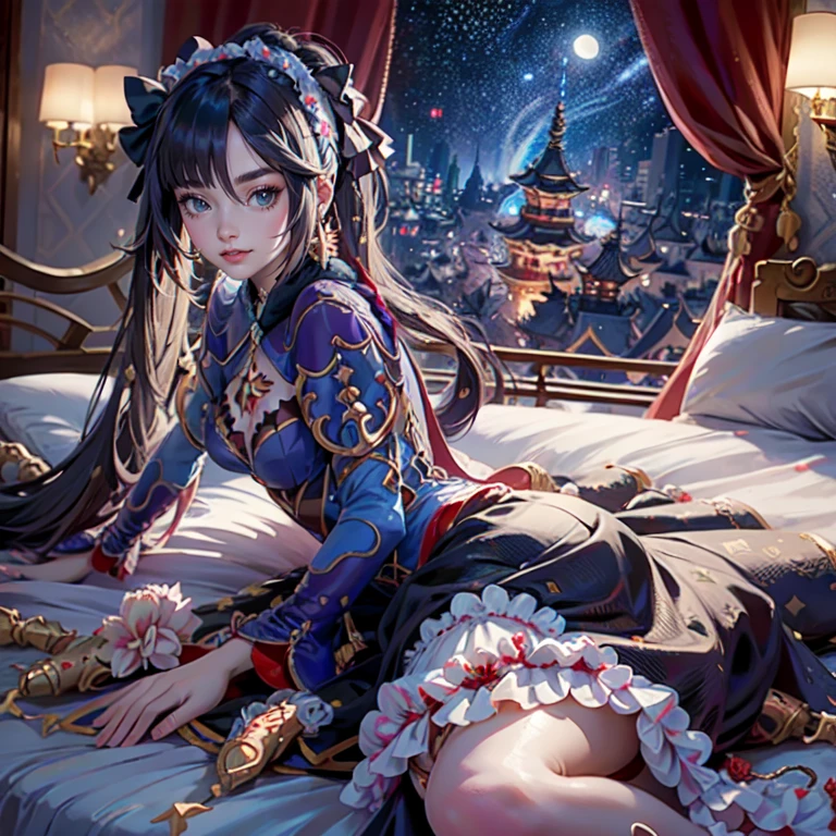 Mona_(genshin impact), 1girl, white roses, ornament hair, roses on her hair, maid, maid dress, maid headdress, maid apron, black hair, long hair, laying down on the bed, bedroom scene, Chinese maid dress, gold lantern, navy dress, solo, alone, more details on her clothes, golden details, night, smiling, chinese style, solo, alone, crystal, curtains, full moon on the sky, laces, frills, sparkles, fireflies, laying down on the bed, chinese architecture on the background, white roses on the floor, bedroom scenery, solo, 1 girl, mini skirt