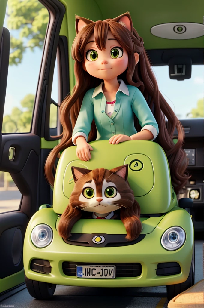 Girl long hair ride to avocado car with the cat