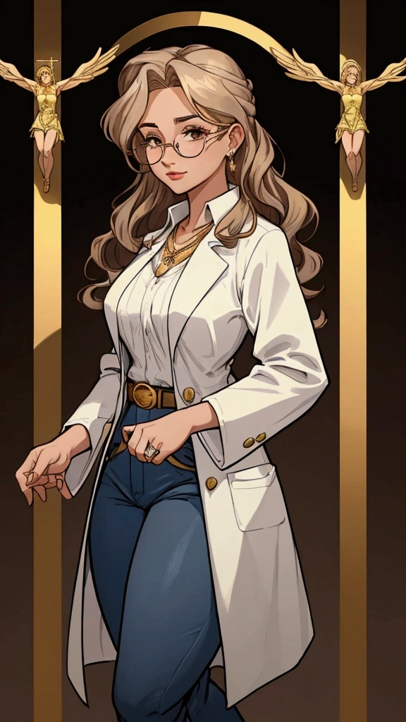 Create a character named Olivia, a 40-year-old aromatherapist specializing in essential oils, with 1,70 meters high and 60kg, white. golden blonde with wavy hair. side hairstyle, at shoulder height, Brown eyes , wears round brown glasses, she is gentle and delicate, wears a light blue shirt, blue jeans with a brown belt and a white long-sleeved doctor&#39;s coat. she has a golden wedding ring on her left ring finger and wears a necklace with a golden crucifix. make her look at the camera, com fundo branco.
