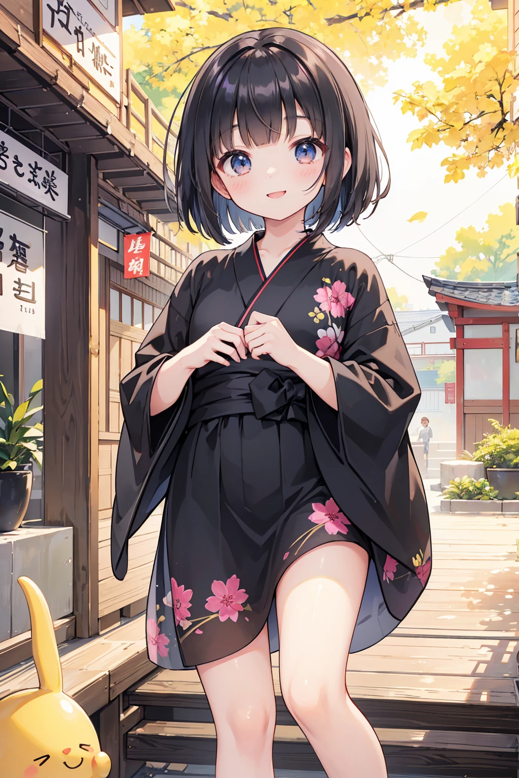 Photorealistic、Highest quality、Highest Resolution、Highest quality、８Ｋ、Beautiful woman、cute、Bob Cut Hair、Dark Hair、cute花柄の黒い浴衣、Black Yukata、Summer festival、morning、noon、sunny、Eat yakisoba noodles、looks fun、smile、Smile、