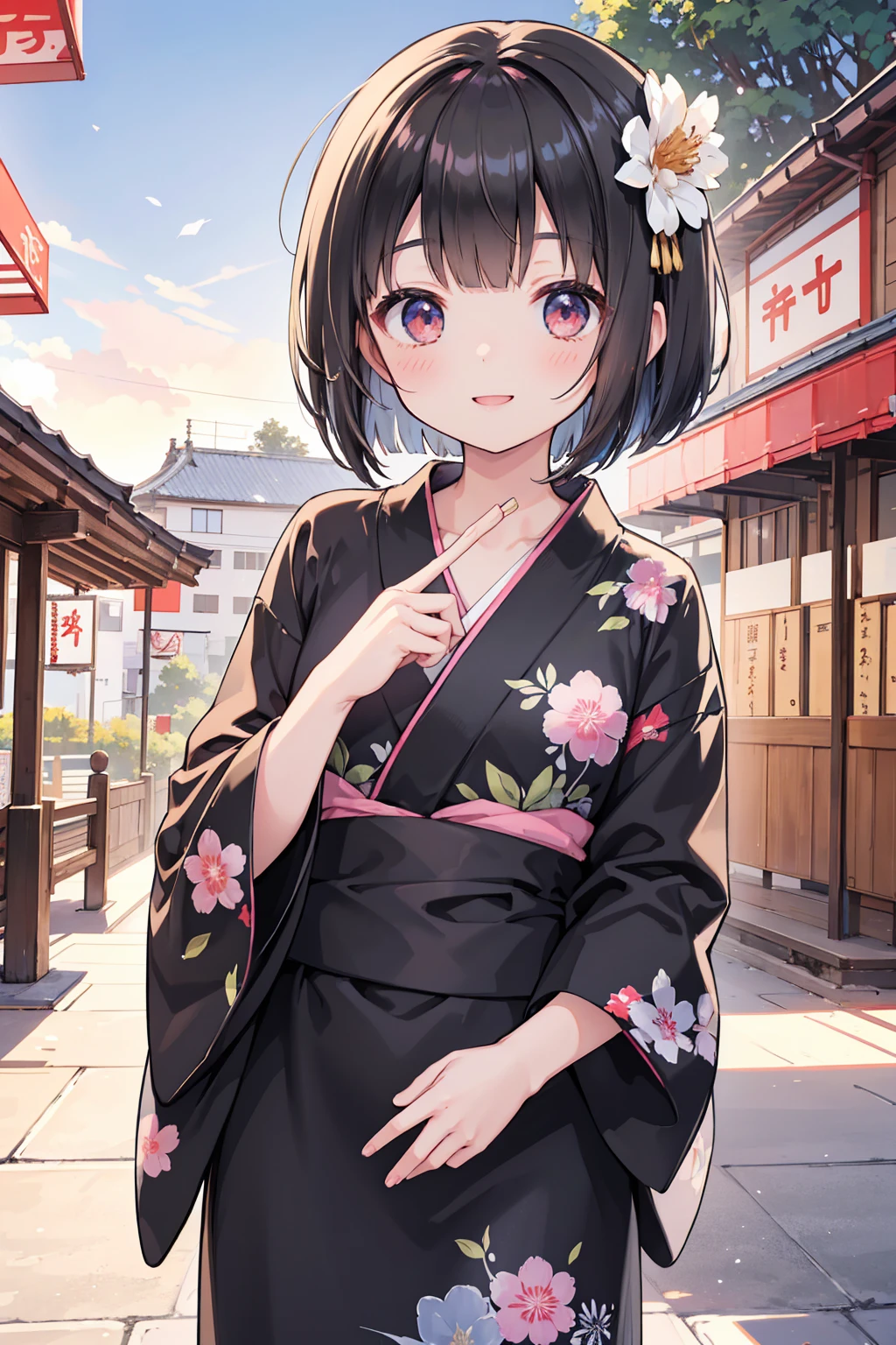 Photorealistic、Highest quality、Highest Resolution、Highest quality、８Ｋ、Beautiful woman、cute、Bob Cut Hair、Dark Hair、cute花柄の黒い浴衣、Black Yukata、Summer festival、morning、noon、sunny、Eat yakisoba noodles、looks fun、smile、Smile、