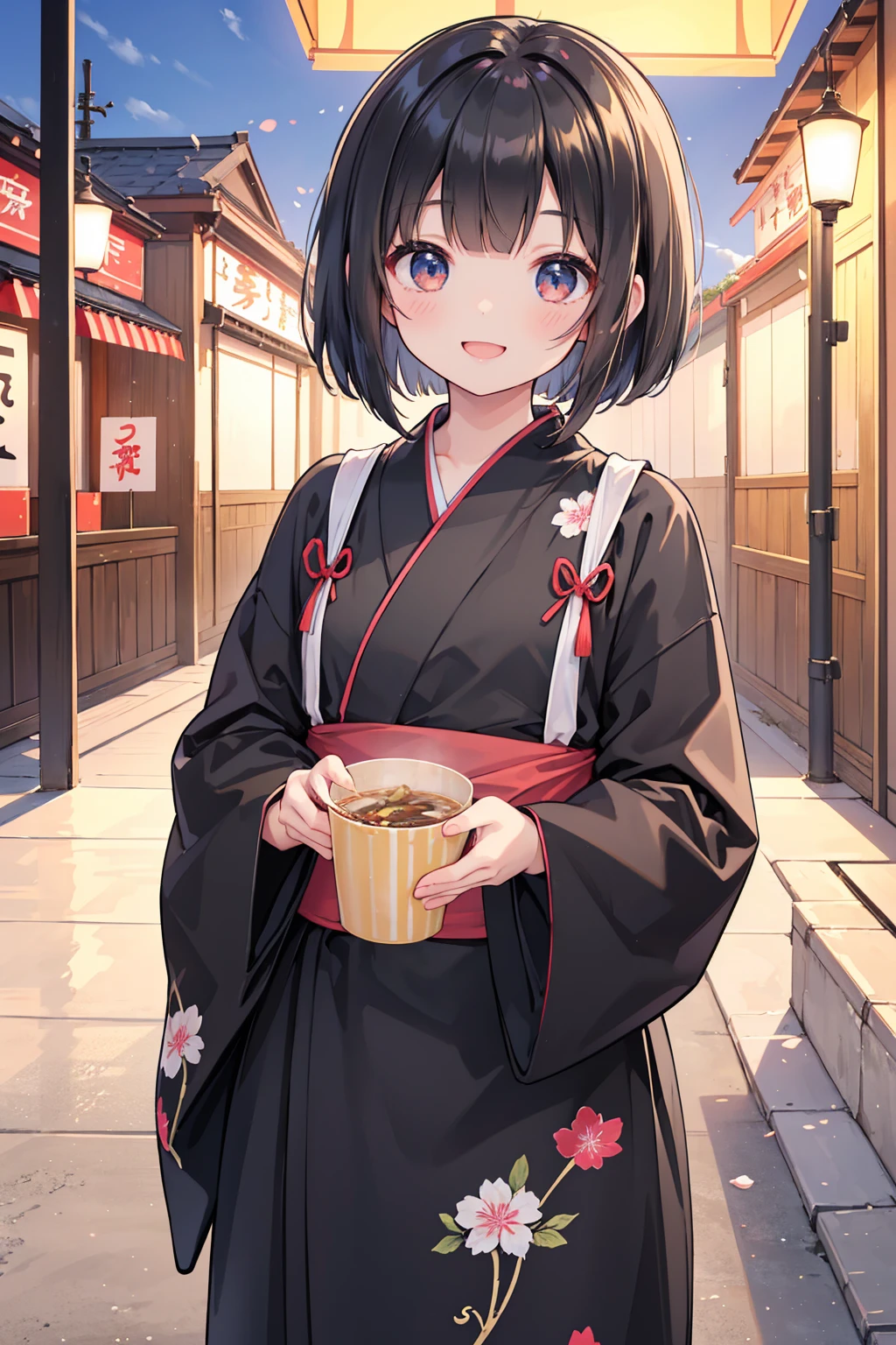 Photorealistic、Highest quality、Highest Resolution、Highest quality、８Ｋ、Beautiful woman、cute、Bob Cut Hair、Dark Hair、cute花柄の黒い浴衣、Black Yukata、Summer festival、morning、noon、sunny、Eat yakisoba noodles、looks fun、smile、Smile、