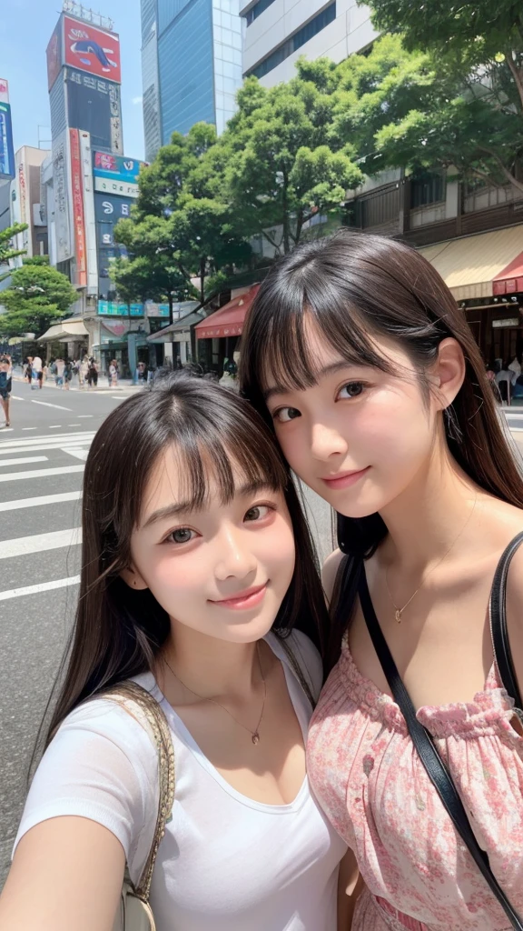 Highest quality、high resolution、(Selfie)、cheek-to-cheek、Two Girls、Japanese、20-year-old、Beauty、Beautiful face、Cute face、Well-formed face、Summer clothes、Tokyo cityscape