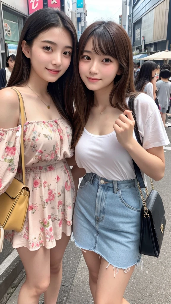 Highest quality、high resolution、(Selfie)、cheek-to-cheek、Two Girls、Japanese、20-year-old、Beauty、Beautiful face、Cute face、Well-formed face、Summer clothes、Tokyo cityscape