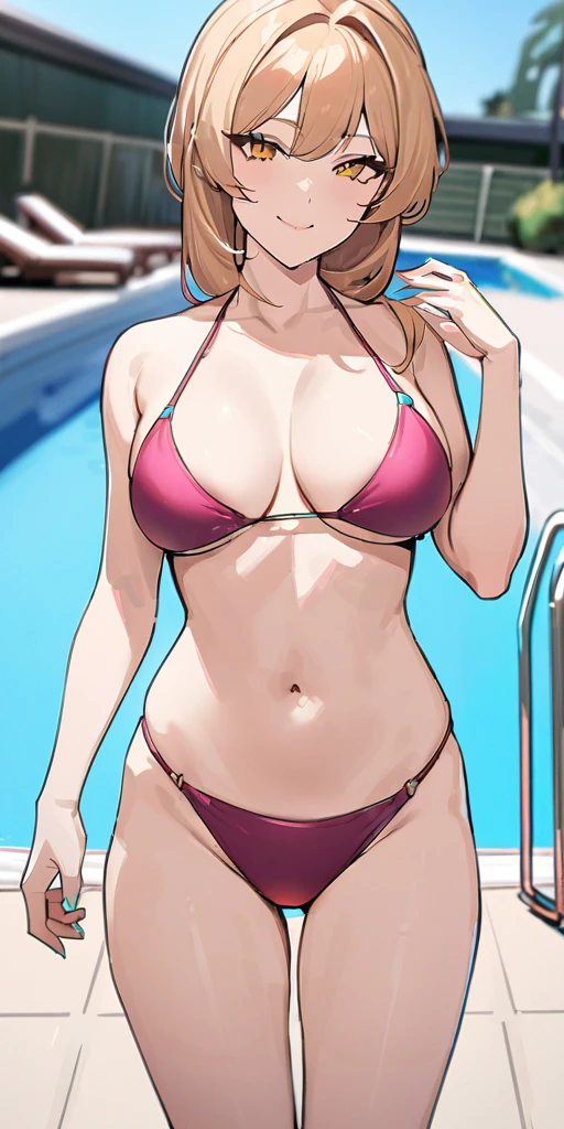 ((Hands beside the body)),((Highest quality、masterpiece:1.3))、Long legs、Sharp focus:1.2, Beautiful woman with perfect figure:1.4、(Smiling:1.2), double eyelid、30-year-old female、Sexy pose、((((One Woman、bikini)))),(((((one women,pool side:1.5)))))、((standing, cowboy shot:1.5))、