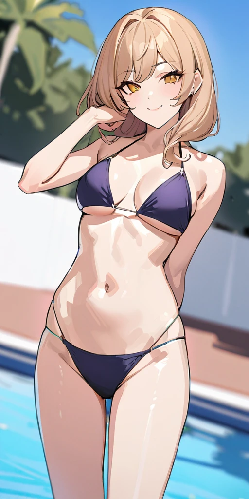 ((Hands beside the body)),((Highest quality、masterpiece:1.3))、Long legs、Sharp focus:1.2, Beautiful woman with perfect figure:1.4、(Smiling:1.2), double eyelid、30-year-old female、Sexy pose、((((One Woman、bikini)))),(((((one women,pool side:1.5)))))、((standing, cowboy shot:1.5))、