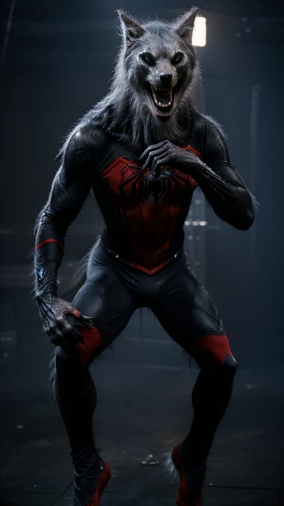 Werewolf (spiderman suit), (((body and palm posture like a wolf man, the whole body and torso are covered in a spider man costume, ))) (the color of the spider man costume is dark gray and black with red and dark blue accents, a fine feather pattern motif that appears on the oengan and legs with clear wolf claws), eye and ear motifs connected into one, sturdy body like a werewolf, styled like a wolf, high jumping