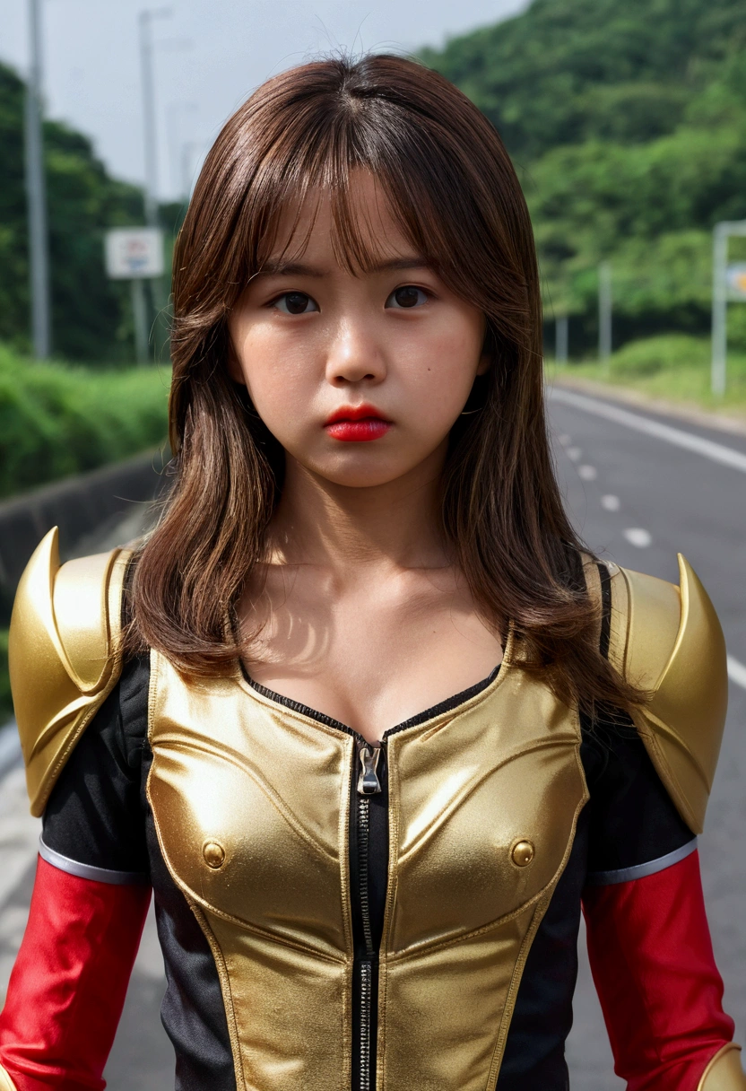 (Kamen rider Ark) Very cute and baby-like face, Power puff girl, Naked, Angry pose, Angry face, (((BROWN HAIR MALAY GIRL))), (((LONG HAIR))), masutepiece, High quality, UHD 45K, Realistic face, Realistic skin feeling , A Japanese Lady, 8 years old, , Very cute and baby-like face, (((FLAT CHEST))), (MATRIX WORLD), ((look In front at the camera and SADNESS)), (((SMALL BREAST))), (((CUTE GIRL))), ((RED LIPS)), ((RED, BLACK, GOLD, KAMEN RIDER SUIT)), ((CHUBBY)), ((VISIBLE CLEAVAGE)), ((RED NAIL)). Standing at the toll road