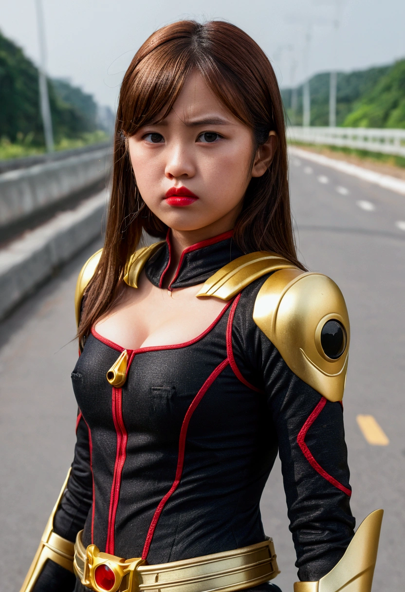 (Kamen rider Ark) Very cute and baby-like face, Power puff girl, Naked, Angry pose, Angry face, (((BROWN HAIR MALAY GIRL))), (((LONG HAIR))), masutepiece, High quality, UHD 45K, Realistic face, Realistic skin feeling , A Japanese Lady, 8 years old, , Very cute and baby-like face, (((FLAT CHEST))), (MATRIX WORLD), ((look In front at the camera and SADNESS)), (((SMALL BREAST))), (((CUTE GIRL))), ((RED LIPS)), ((RED, BLACK, GOLD, KAMEN RIDER SUIT)), ((CHUBBY)), ((VISIBLE CLEAVAGE)), ((RED NAIL)). Standing at the toll road