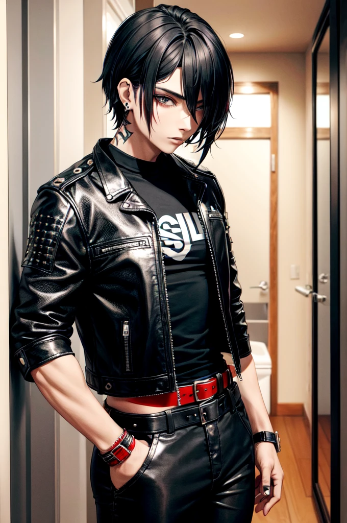 1 men, with scars on arms, alternative style, leather jacket, a rock band t-shirt, waist belt, black pants, piercings, all star, red guitar and shoulder-length black hair.