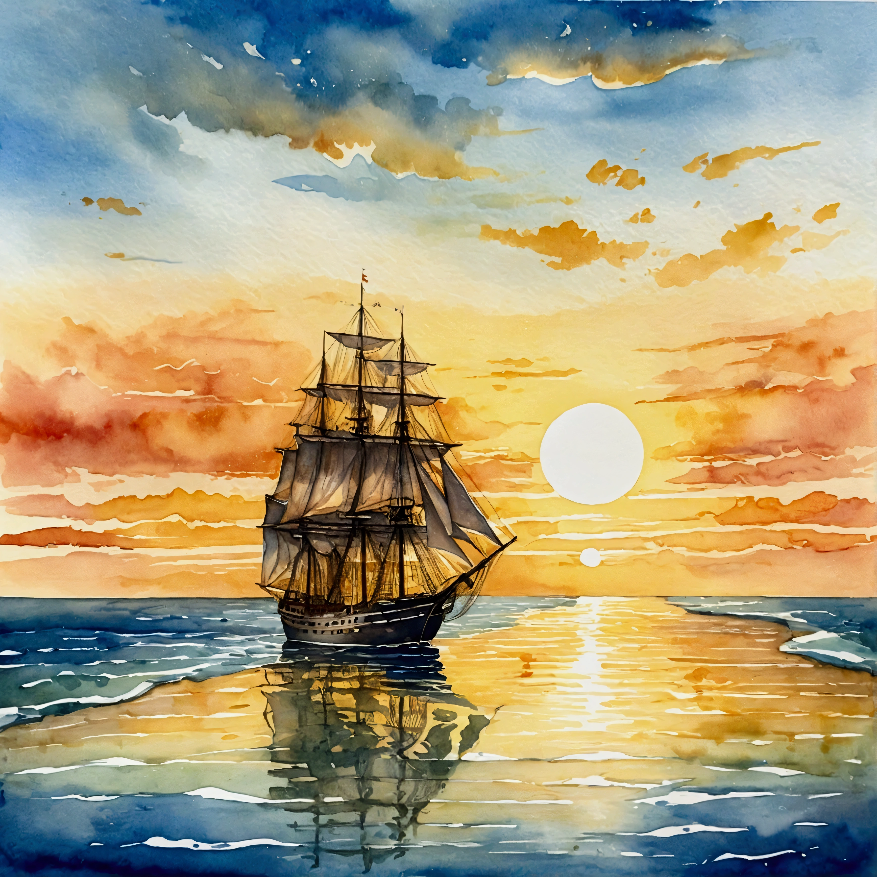 The endless sea, the sun reflects the golden light on the water, there is a sailing ship in the distance, the sea is as quiet as a mirror,Big scene, lots of detail. lots of detail, lots of detail,Illustration, watercolor on textured paper,