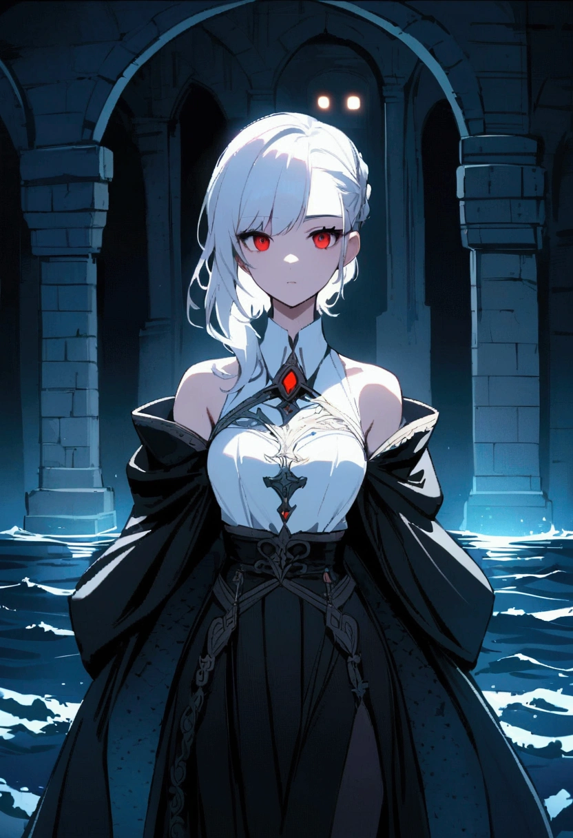 portraite, 1 boy, beautiful  face, asymmetrical hair, White hair, Eyes red, white blouse, black coat falling off the shoulders, Black Skirt, black tights, souls around, in a castle in the middle of the sea, at night