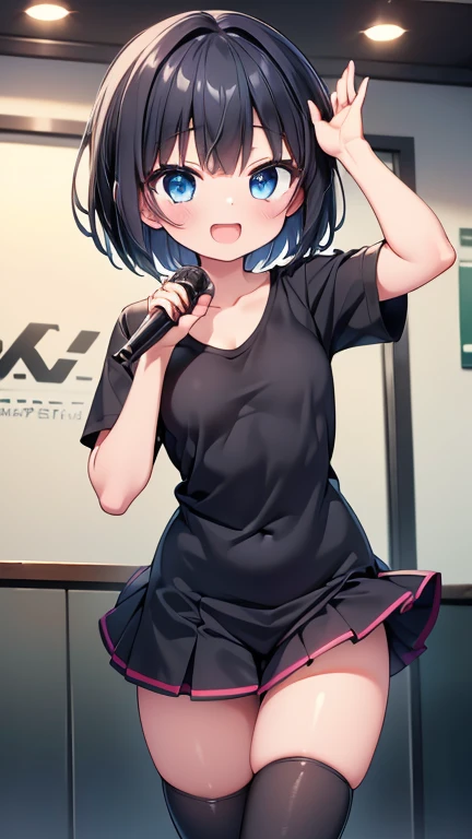 Highest quality,wonderful,finely,Highly detailed CG Unity 8k wallpaper, (1 Girl,Black Hair, blue eyes,short hair, Double Bang), (Small breasts:1.2), (Black T-shirt:1.1), (clavicle:1.1), Shorts、Smiling Kindly、smile、 (Open your mouth:1.2), (zettai ryouiki:1.2),(narrow:1.2), (Are standing:1.2)、(holding a microphone in his hand:1.1)、((Commenting live))、Solid white background、Facing the camera