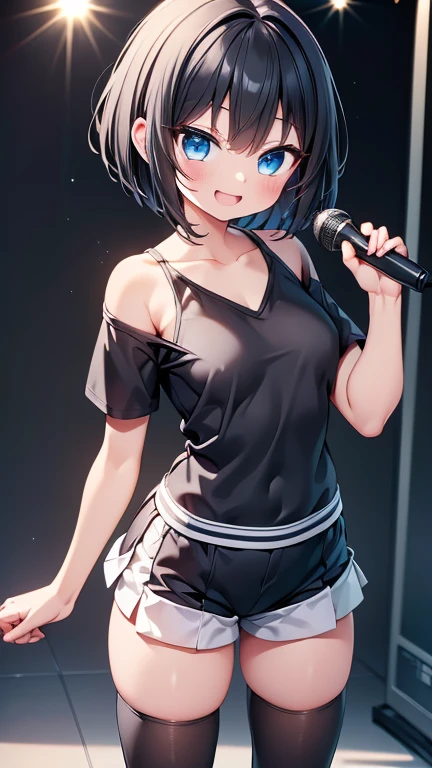 Highest quality,wonderful,finely,Highly detailed CG Unity 8k wallpaper, (1 Girl,Black Hair, blue eyes,short hair, Double Bang), (Small breasts:1.2), (Black T-shirt:1.1), (clavicle:1.1), Shorts、Smiling Kindly、smile、 (Open your mouth:1.2), (zettai ryouiki:1.2),(narrow:1.2), (Are standing:1.2)、(holding a microphone in his hand:1.1)、((Commenting live))、Solid white background、Facing the camera