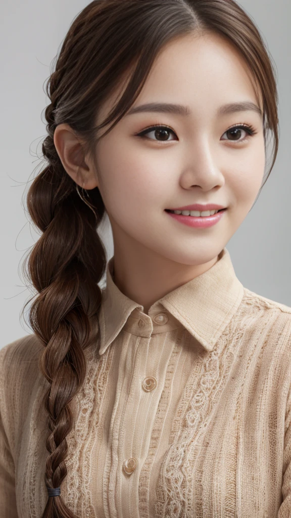 Tabletop, Highest quality, Realistic, Very detailed, finely, High resolution, 8k wallpaper, One beautiful woman,, Wearing a dress shirt、Light brown braided hair,........, Sharp focus, Perfect dynamic composition, Beautiful and exquisite, Thinning hair, Detailed Realistic skin texture, smile, Close-up portrait, Model Body Type、president'secretary、mini skirt、High heels、