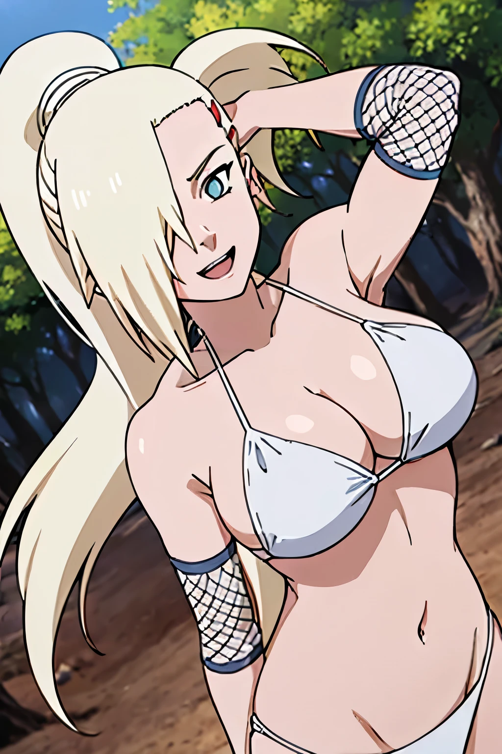 (White bikini:1.5), Ino yamanaka, looking at the viewer, gorgeous, attractive, groin, cowboy shot, ultra detailed face, sunny day, day time, upper body view, anime style, solo, detailed flower field, blonde, (focus on breasts), ((one eye covered with hair, hair over eye, ponytail)), medium breasts, belly button, looking at the viewer, thick arms, (off-shoulders, wide shoulders, curving body), hidden eye, smile, open mouth, very happy, tall, hair clip, sharp look, sharp face, sharp eye, cold colors,
