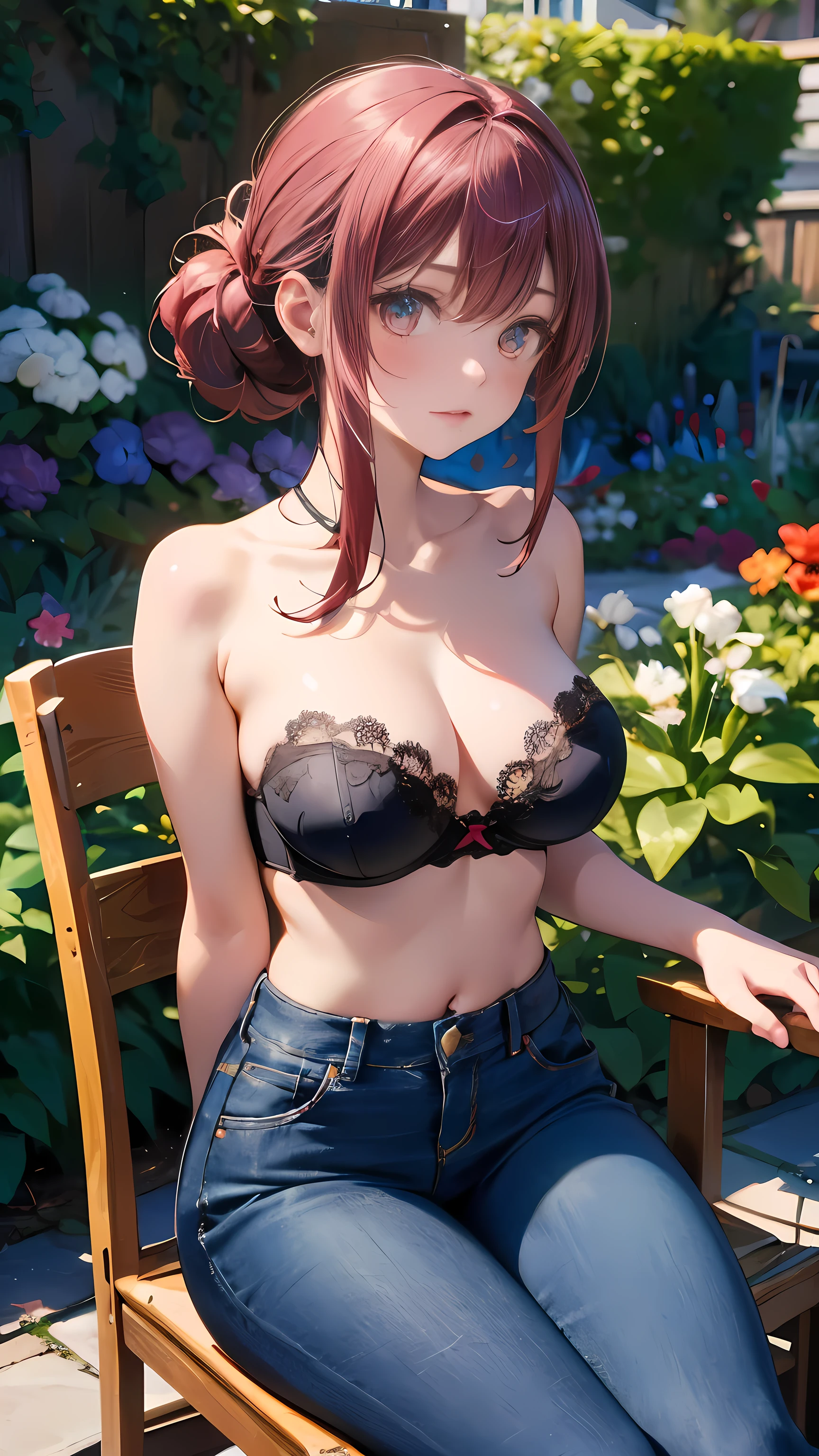 illustration：Ultra-delicate，White skin，Large breasts:15，Denim black pants1:5，Black underwear 1:5，Strapless bra1:5，Long pink hair，Hair at the back，Hair tied up，The background is the garden，There are chairs in the garden，sit on the chair，Cover your legs with a blanket，The fluffy quilt is still on my legs