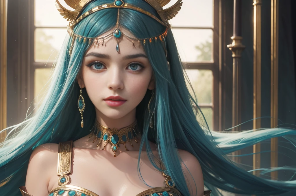 a  portrait of a  [siren|goddess]  , cinematic lighting , teasing, perfect face, pretty face, teal eyes, chocolate hair, very long hair, medium breasts, lush detail, absurdres,