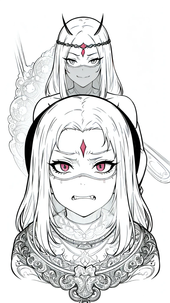 1old woman,(solo),50 years old,(no hair on the forehead),(white background,line drawing),(((naked))),long hair,white hair,fangs,angry,(mouth veil),