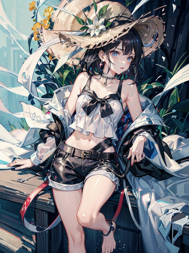 absurdres, RAW photo, extremely delicate and beautiful, masterpiece, Best Quality, ultra high resolution, 32k, hyperrealistic, ultra-detailed, perfect figure, Perfect Style, Perfect balance, in her 20s, very small head, very small face, delicate facial features, tearful mole, earring, very huge breasts, legs, hands, foot, full body shot, medium hair, black hair, colored inner hair, casual, blouse, white shirt, buttoned shirt, bare shoulders, collarbone, midriff, navel, shorts, straw hat,