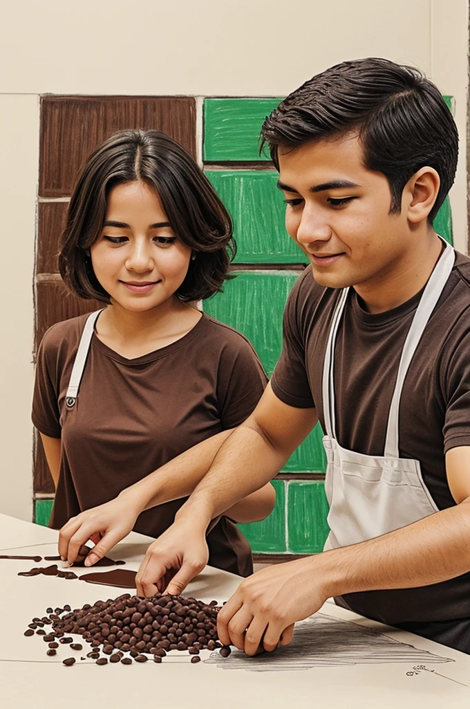 Make a drawing showing two people selecting the best type of beans to create chocolate.