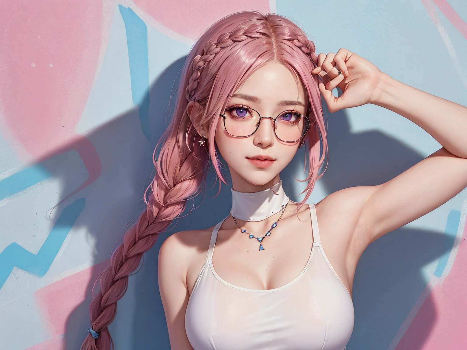 (Masterpiece, best quality, 1 girl, alone, complicated details, Chromatic aberration), realistic, ((Moderate breath)),long hair, pink hair, Red headpiece, Pink Highlights, hair on one eye,purple eyes, earring, sharp eyes, choker, Neon coat, She wears a collar, bangle, and kimono style garters., crop top, (symmetrical eyes),(Perfect symmetrical body),against the wall, Brick wall, (colorful graffiti words on the wall:1.2), The light is dim., alley ,Look at the viewer.、Dig the chest、smile、(sleeveless、Navel touch、Fitted turtleneck.)、street string hot pants、Thin bottom、Please build above the eaves..、Thin shoulders、1 Female,Brown Hair, ,((Anxious expression)),Beautiful breasts,School Swimsuit、Stylish,,(Look forward)(((Blushing、Surprised expression)),(((Braid))),((( Upper body portrait)))Frameless Glasses