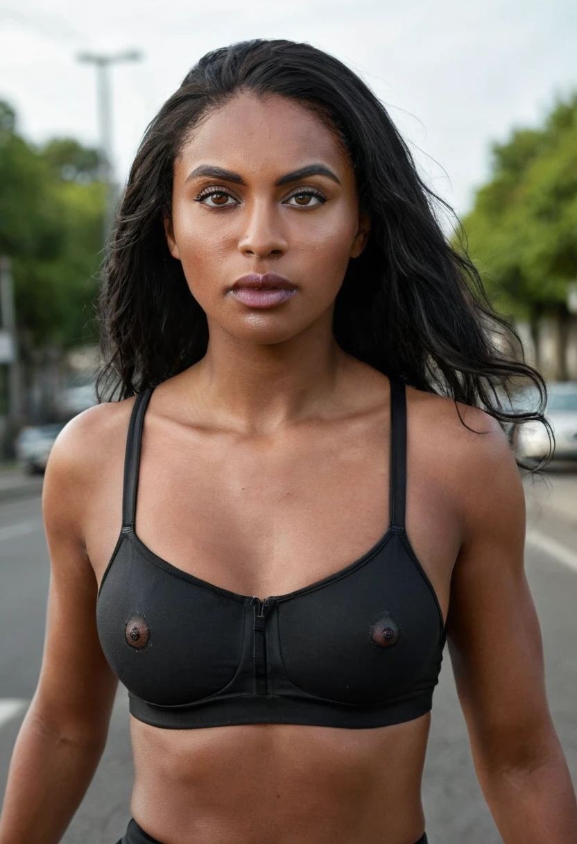 A woman running down a street in the sun. A woman in a black blouse. Portrait of an ATHLETE, fierce expression, sweat on the face, [realisitic], (strong lighting: 1,2), (racing scene: 1,1), (4k resolution. Black sports bra and shorts, com eyeballs atentos, Running posture, waist 1 hyper-realistic real photo, close frontal, with passion and anger, Mulher completamente Arafed com eyeballs verdes. Pose of a strong woman, musclegirl, determinate expression, fierce gaze, athletic build, confident pose, linda jovem negra de 25 anos com darkskin volumosa com reflexos castanhos, eyeballs verdes, lindos eyeballs verdes, eyeballs verdes realistas, detailed. eyeballs, ultra-realistic, symmetrical, hyper-realistic (eyeliner, long and perfect eyelashes, the nose is small and proportional to the face and the soft contour of the face that accentuates the high cheekbones, Attractive and irresistible mouth). defined lips, fleshy lips, voluminous lips, seductive lips, captivating black lipstick, memorable, unforgettable and enigmatic. the face is oval, with high cheekbones and a well-defined chin, a beautiful, detailed face. black lipstick, gothic makeup. skin tone: brunette skin, healthy and evenly glowing, with dark skin, darkskin, garota sexy with dark skin, detailed skin texture, Beautiful and glowing skin, details Intricate, unsmooth skin, healthy and radiant appearance. hourglass-body, voluptuous body, Slender Woman, Breasts huge, well toned belly, Waist slender, Broad Hips, big hips, huge butt, thick-thighs, Long, shapely legs. 50mm Lens, f/2.8, hdr, foto RAW (8K), resolução de alta qualidade 8K uhd, dslr, 2k, 4K, 8K, 16K.