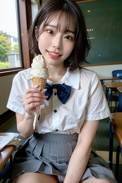 Tabletop, Highest quality, figure, Super detailed, In detail, High resolution, 8k wallpaper, Perfect dynamic composition, 1 beautiful girl, Beautiful attention to detail, (Look at the parfait), Girly blue blouse, short Hair, slender chest, Natural color lip, Random Pause, toothy smile, Open your mouth:1.2, 20-year-old girl, sit, One girl, alone, eat, Holding food, Realistic,(licking ice cream, ice cream cone:1.35)、(Beautiful Japanese Girls:1.3)、(School uniform,bow:1.35)、(Panty shot,cameltoe,droppy big eyes)、(high school),(Dark blue skirt:1.3)、(sitting with spreading legs in the classroom:1.25)