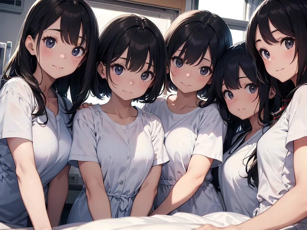 ((Highest quality)), ((masterpiece)), (detailed),Perfect Face,Strong light from the front,With front light,A group of nurses sitting on a hospital bed wearing only their nurse uniform tops and no underwear, with their bare lower bodies spread apart,