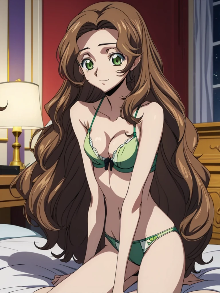 Score_9, score_8, score_7, code Geass_anime, Anastasia lamperough, brown hair and green eyes, long hair, yellow bra and panty, smile, cute, castle, bed room, night, best quality, masterpiece+