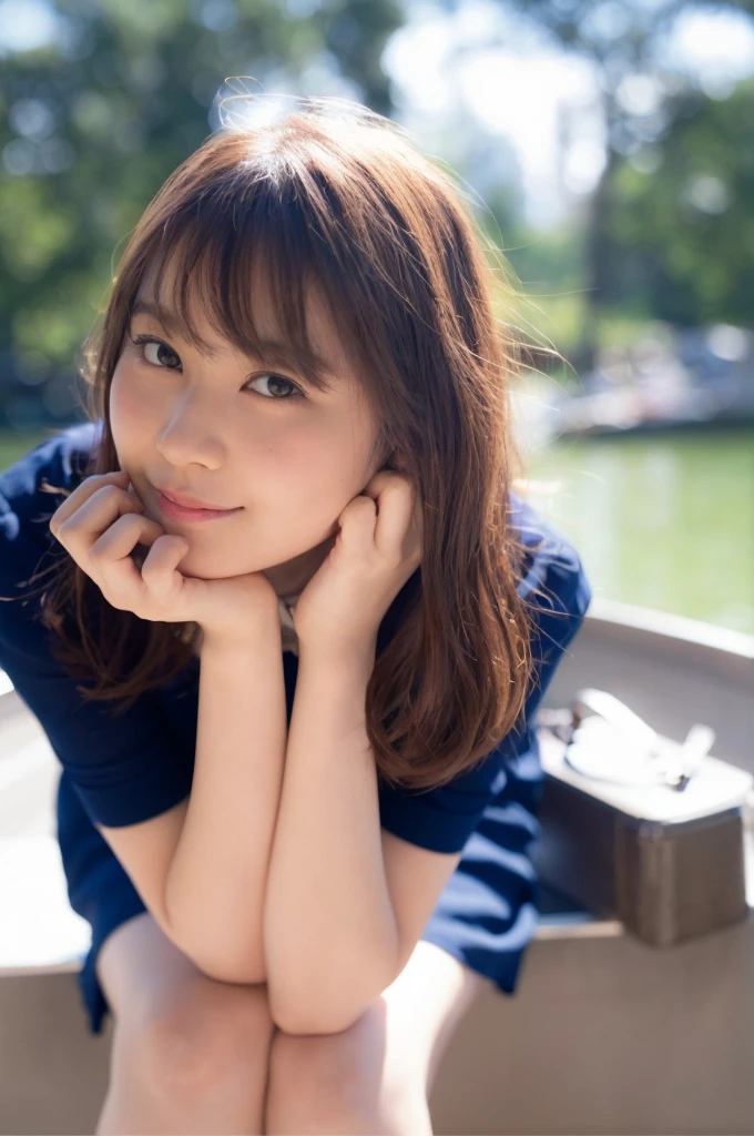 An arafi woman sitting on a boat with her hand on her chin, Chiho, Yoshitomo Nara, ther close up of Iwakura, narumi kakinouchi, iwakura lain, Ayaka, harumi, yasumoto oka, Cute girl - well-groomed face, sayori, Chiho ashima
