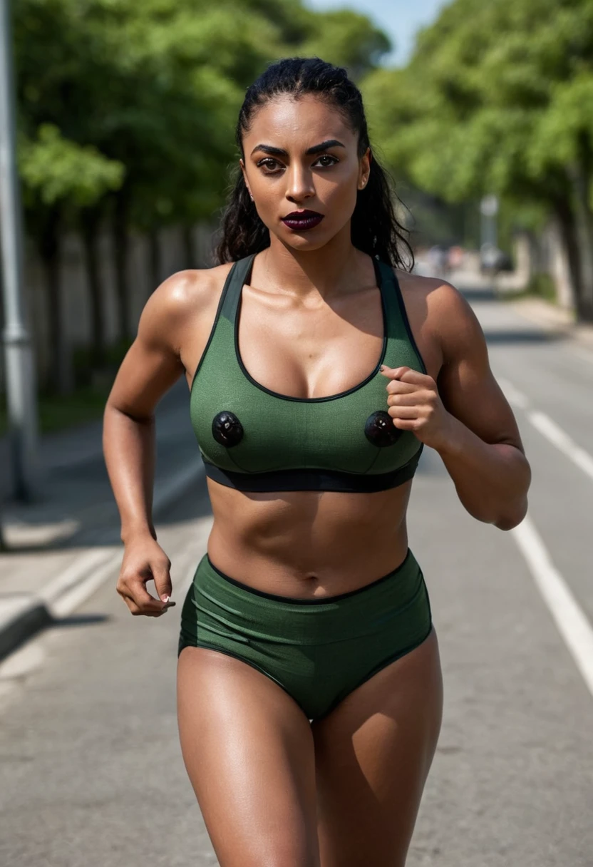 Woman with tanned skin and long straight black hair running down a street full of cars, realistic drawing, frontal image. A woman in a black blouse. Portrait of an ATHLETE, fierce expression, sweat on her face, [Realistic], (strong lighting: 1.2), (running scene: 1.1), (4k resolution. Black sports bra and shorts, with attentive eyes, posture running, waist 1 hyper-realistic real photo, frontal close-up, with passion and anger, Completely Arafed woman with green eyes Pose of a strong, muscular woman, determined expression, fierce look, athletic build, confident pose, beautiful young black woman. 25 years old with voluminous dark skin with brown highlights, green eyes, beautiful green eyes, realistic green eyes, detailed eyes, ultra-realistic, symmetrical, hyper-realistic (eyeliner, long and perfect eyelashes, the nose is small and proportional to the face. and the soft contour of the face that accentuates the high cheekbones, attractive and irresistible mouth). Defined lips, full lips, voluminous lips, seductive lips, captivating, striking, unforgettable and enigmatic black lipstick. prominent face and well-defined chin, a beautiful and detailed face. Black lipstick, gothic makeup. Skin tone: Olive skin, healthy and even glow, with olive skin, dark skin, sexy girl with olive skin, detailed skin texture, beautiful and glowing skin, intricate details, smooth skin, healthy and radiant appearance. Hourglass body, voluptuous body, slender woman, Huge breasts, well-toned belly, slim waist, Wide hips, big hips, huge butt, thick thighs, Long shapely legs. 50mm lens, f/2.8, hdr, RAW photo (8K), high quality resolution 8K uhd, dslr, 2k, 4K, 8K, 16K.