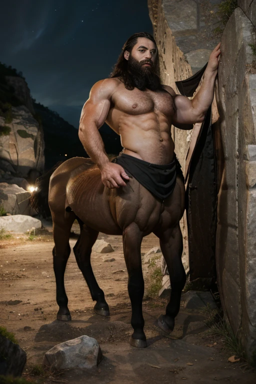 Two male muscular centaurs, two centaurs, two muscle men, gay, sexy, beard, black longhair, on rock, wallpaper