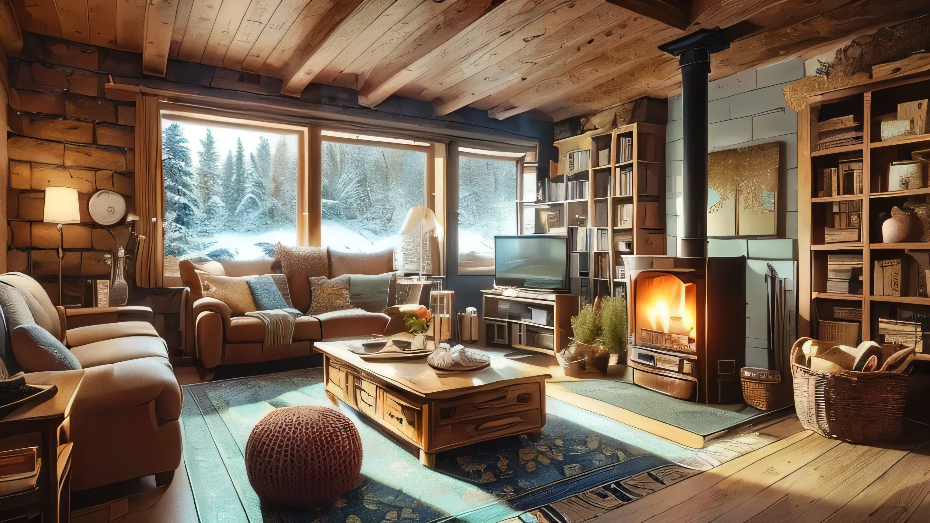 A spacious room with a brick fireplace and sofa々and living room, Warm living room, Warm interior, Cozy living room interior, Warm interiors, Cozy living room, Cozy place, Cozy environment, Cozy atmosphere, Cozy living room background, Cozy contemporary living room, Cozy and serene atmosphere, Cozy home background, cozy wallpaper, Cozy and calm, Cozy atmosphere