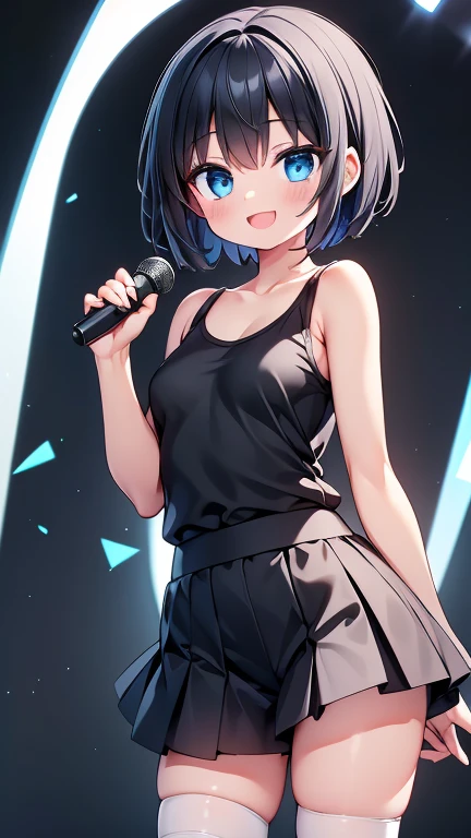 Highest quality,wonderful,finely,Highly detailed CG Unity 8k wallpaper, (1 Girl,Black Hair, blue eyes,short hair, Double Bang), (Small breasts:1.2), (Black T-shirt:1.1), (clavicle:1.1), Shorts、Smiling Kindly、smile、 (Open your mouth:1.2), (zettai ryouiki:1.2),(narrow:1.2), (Are standing:1.2)、(holding a microphone in his hand:1.1)、((Commenting live))、Solid white background、Facing the camera