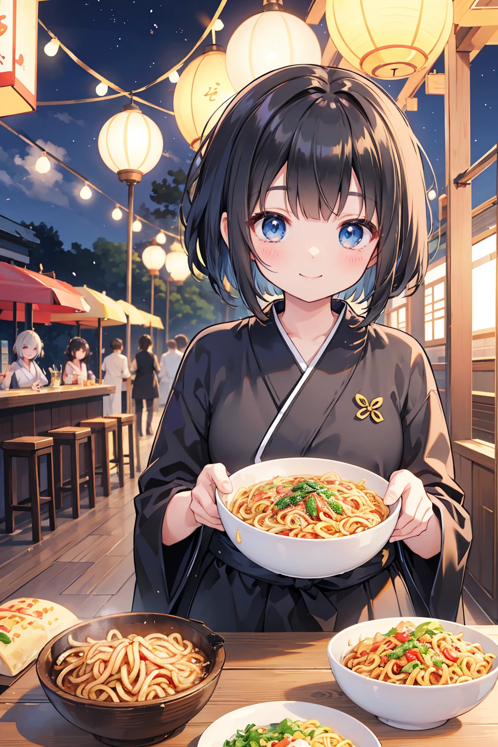 Photorealistic、Highest quality、Highest Resolution、Highest quality、８Ｋ、Beautiful woman、cute、Bob Cut Hair、Dark Hair、Light blue eyes、cute花柄のBlack yukata、Black yukata、Summer festival、Lots of food stallorning、noon、sunny、Fried noodlesを食べる、Fried noodles、looks fun、smile、Smile、