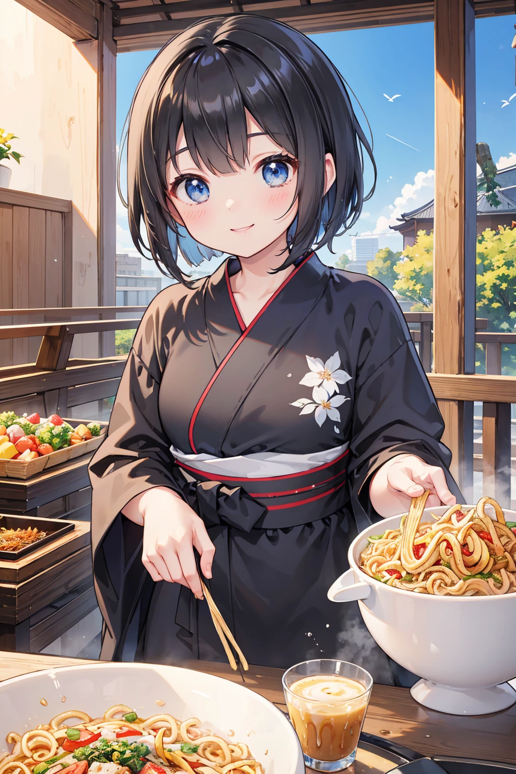 Photorealistic、Highest quality、Highest Resolution、Highest quality、８Ｋ、Beautiful woman、cute、Bob Cut Hair、Dark Hair、Light blue eyes、cute花柄のBlack yukata、Black yukata、Summer festival、Lots of food stallorning、noon、sunny、Fried noodlesを食べる、Fried noodles、looks fun、smile、Smile、