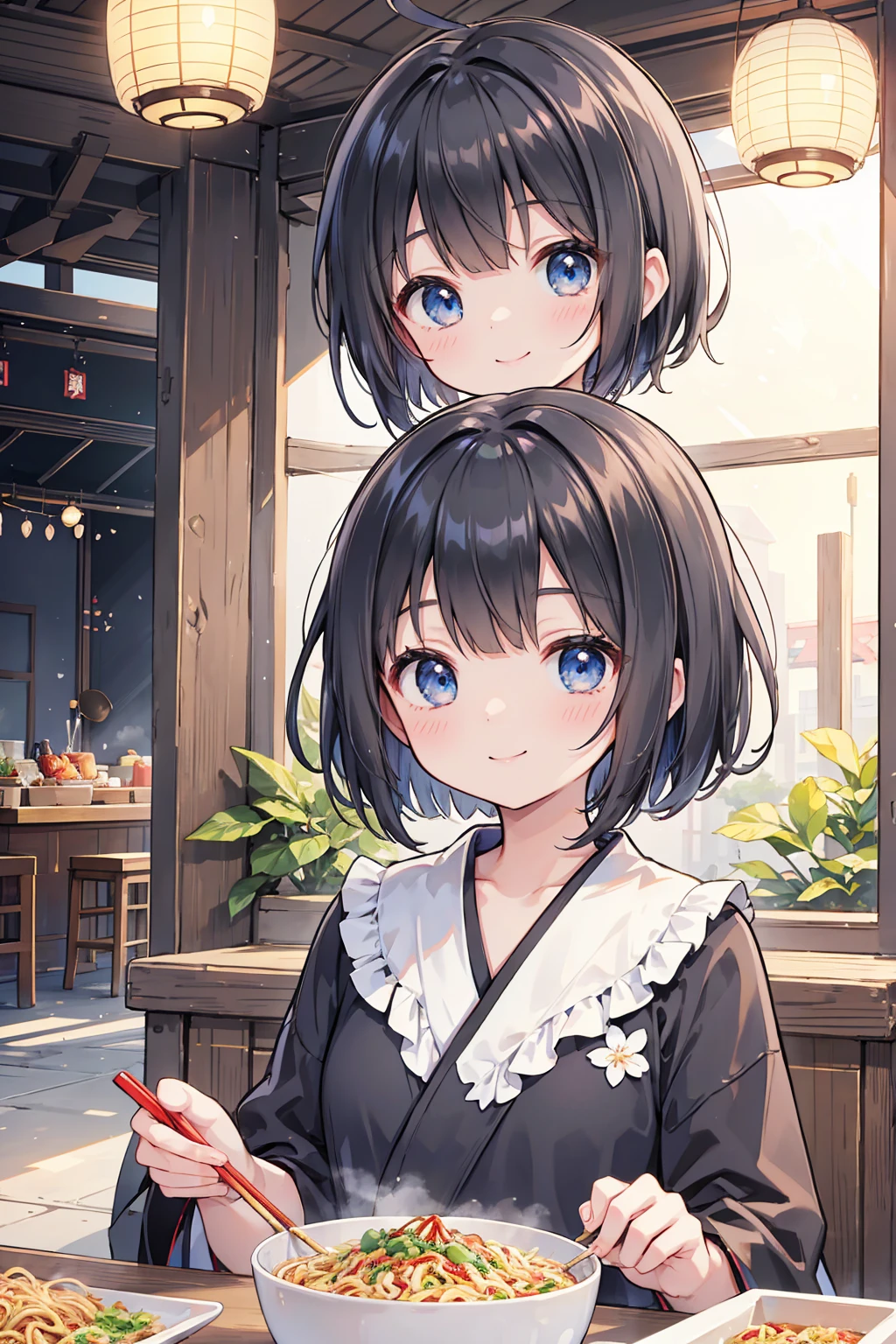Photorealistic、Highest quality、Highest Resolution、Highest quality、8K、Beautiful woman、cute、Bob Cut Hair、Dark Hair、Light blue eyes、cute花柄のBlack yukata、Black yukata、Summer festival、Lots of food stallorning、noon、sunny、Fried noodlesを食べる、Fried noodles、looks fun、smile、Smile、